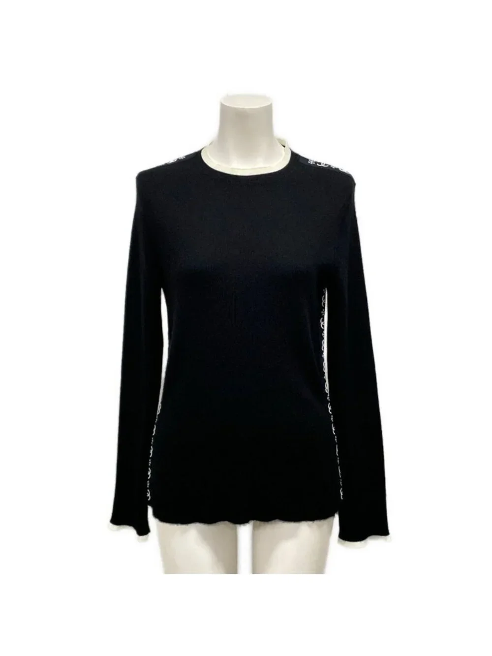Chanel Long Sleeve Sweater 42 L Black White CC Logo Snowflake Side Line Cashmere